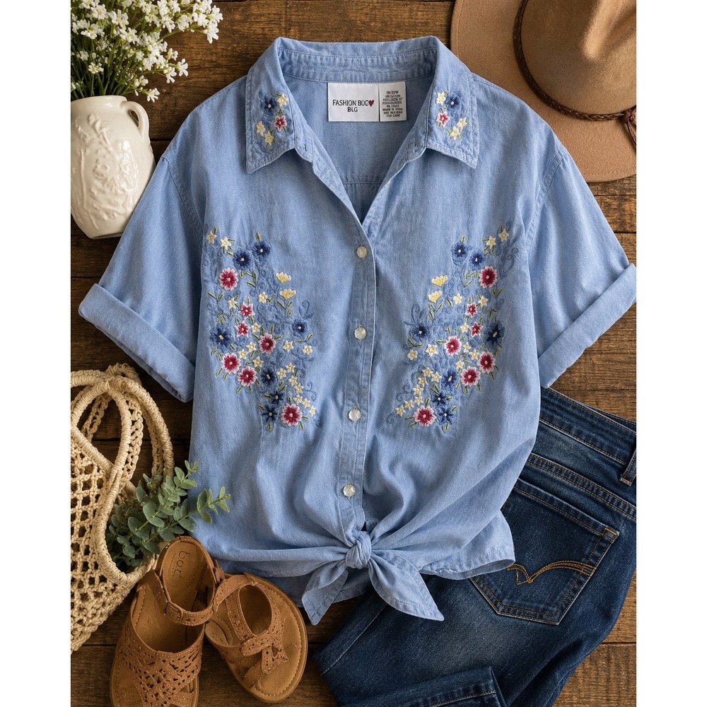 y2K Fashion Bug floral Embroidered short sleeve Button chambray Shirt 18/20W